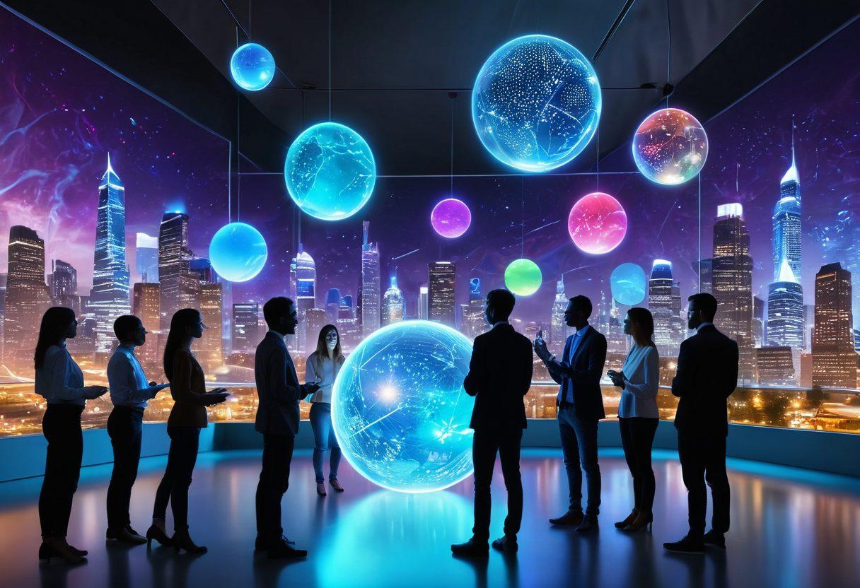 A diverse group of people gathered in a bright, futuristic space, passionately exchanging ideas and sharing knowledge through holographic displays. Floating orbs of light represent thoughts morphing into visual data that unite them. The background features a vibrant urban landscape, symbolizing growth and innovation. The atmosphere is energetic and inspiring, encouraging collaboration. super-realistic. vibrant colors. 3D.
