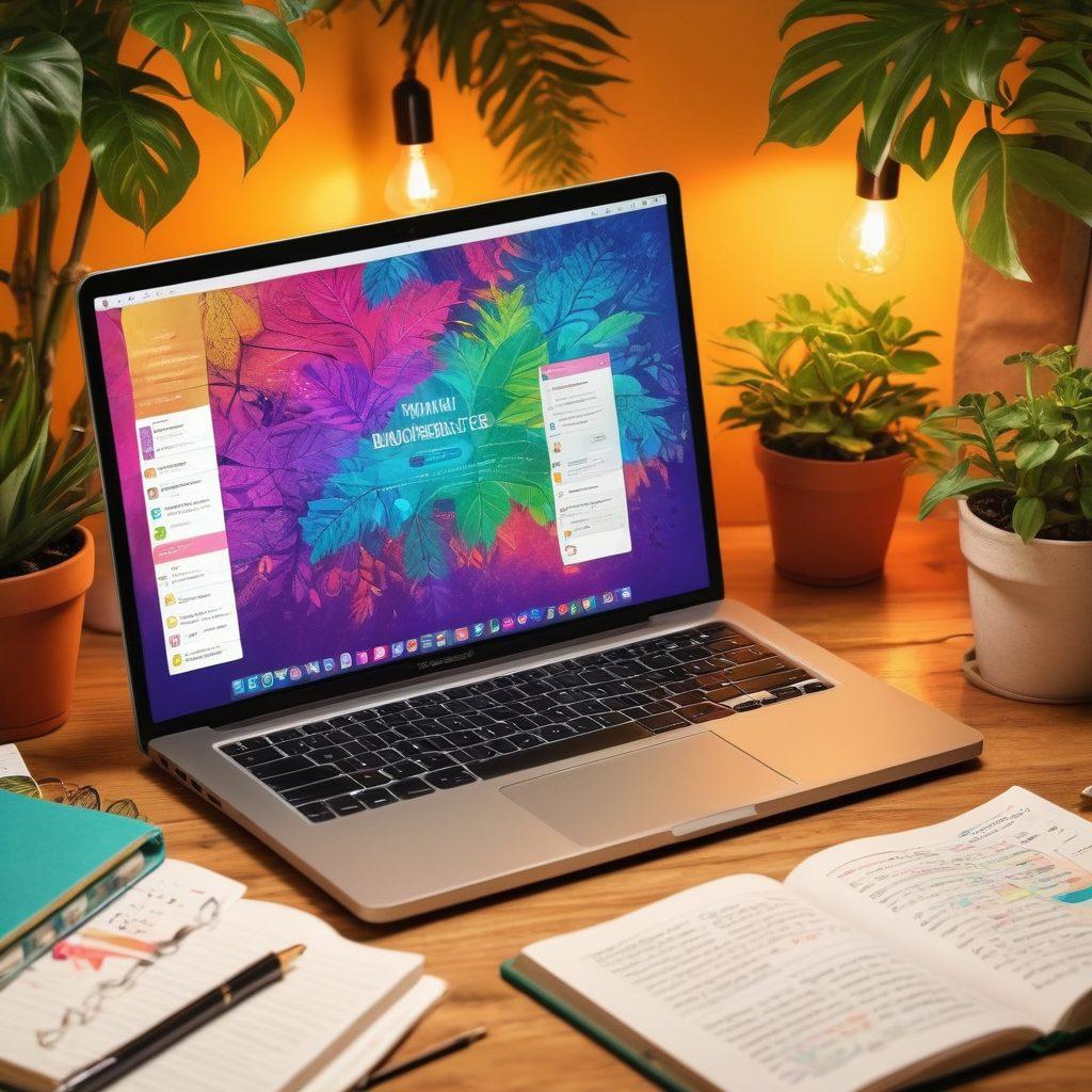 A cozy digital workspace featuring an open laptop displaying a colorful e-diary interface, surrounded by inspirational quotes and notes. Show a diverse group of people engaged in collaborative journaling, sharing ideas, and brainstorming together. Incorporate elements of nature, like plants and soft lighting, to evoke a sense of creativity and community. Digital art style with vibrant colors and a warm atmosphere.