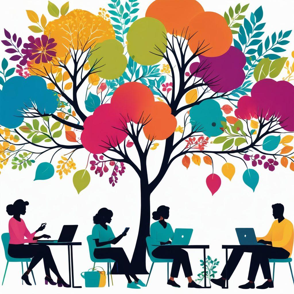 A welcoming digital landscape depicting diverse people connecting through various devices, exchanging ideas, and sharing experiences. Include symbols of growth like leaves and blossoms emerging from the connections between them. Incorporate vibrant colors to evoke a sense of community and support. Emphasize inclusivity and positivity in the atmosphere. Vector art. vibrant colors. white background.
